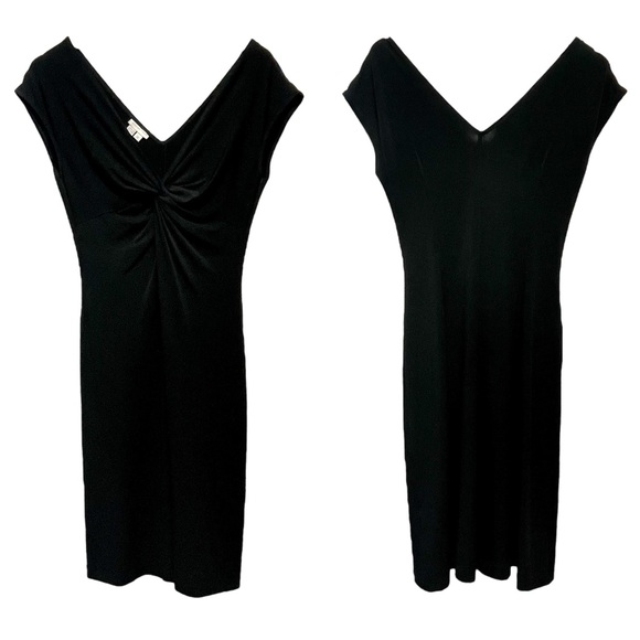 London Times Black Front Twist Knot V-Neck Midi Short Cap Sleeve Sheath Dress - Picture 9 of 9